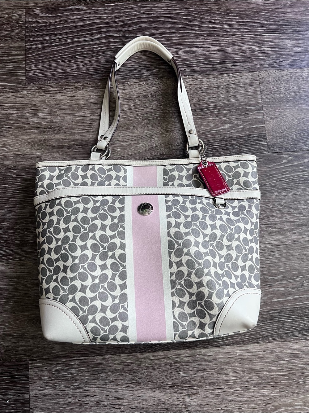 Coach signature Chelsea heritage stripe tote grey, pink, white